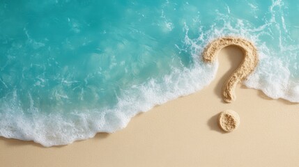 A sandy question mark gently outlined by waves on a serene beach, capturing a moment of curiosity and the allure of the unknown as nature's artistry unfolds.
