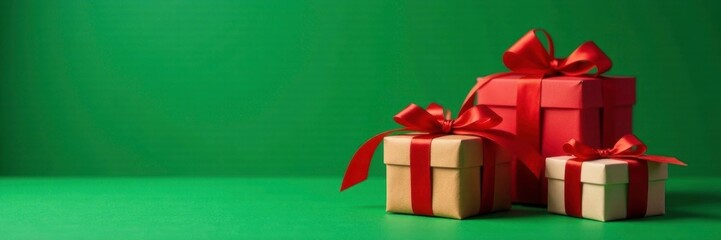 Obraz premium Colorful Christmas gift boxes with red ribbons on green tablecloth, green background, christmas, gift wrapping