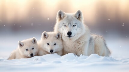 Obraz premium A heartwarming image capturing a mother wolf and her two adorable pups snuggling together in the soft snow, symbolizing family ties, love, and nurturing in the wild.