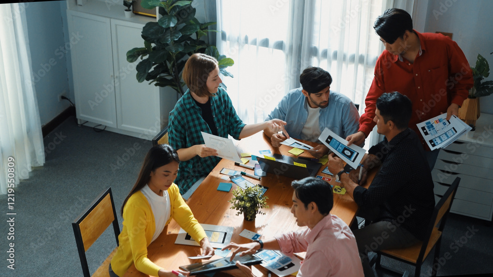 Aufkleber top view business team discussing about startup project while skilled manager in casual present crea