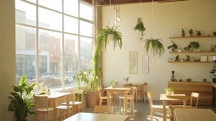 Fototapeta premium Sunlight-Filled Minimalist Cafe with City Views and Lush Greenery