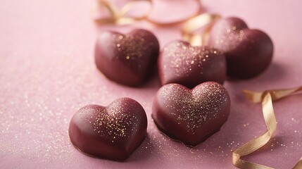 Obraz premium Heart-themed vegan truffle gift box adorned with glitter and gold ribbons, isolated on a textured pink background