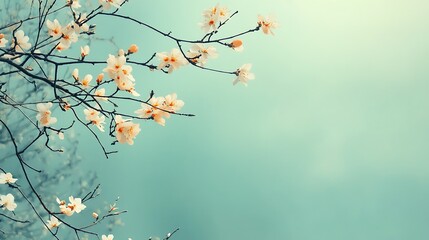 Delicate White Blossoms on Branches Against a Soft Teal Sky