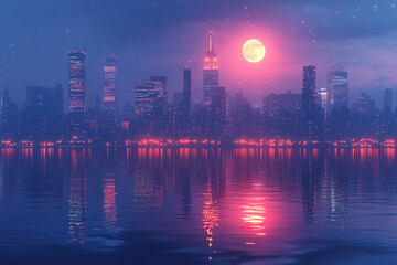 Fototapeta premium Cityscape at Night with a Large Full Moon