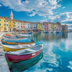 Fototapeta premium Colorful Rovinj in Istria with boats in the port, Croatia --v 6.1 Job ID: 912fb0b2-d92a-4265-9bdd-690d50b4cdd5