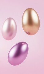 Three shiny eggs hover gracefully in the air against a soft pink background, embodying the spirit of Easter celebration.