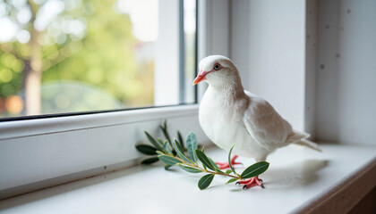White dove with olive branch on windowsill in tranquil home, peace