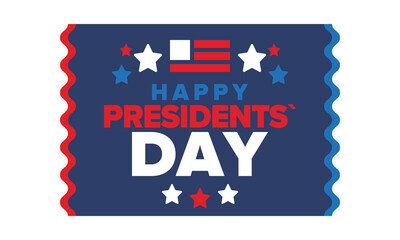 Happy Presidents day in United States. Washington's Birthday. Federal holiday in America. Celebrated in February. Patriotic american elements. Poster, banner and background. Vector illustration