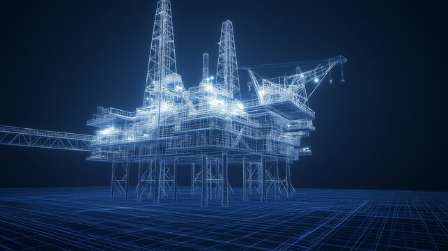 Offshore oil rig wireframe blueprint, high-tech engineering design, futuristic industrial concept, and energy industry digital model, Generative AI
