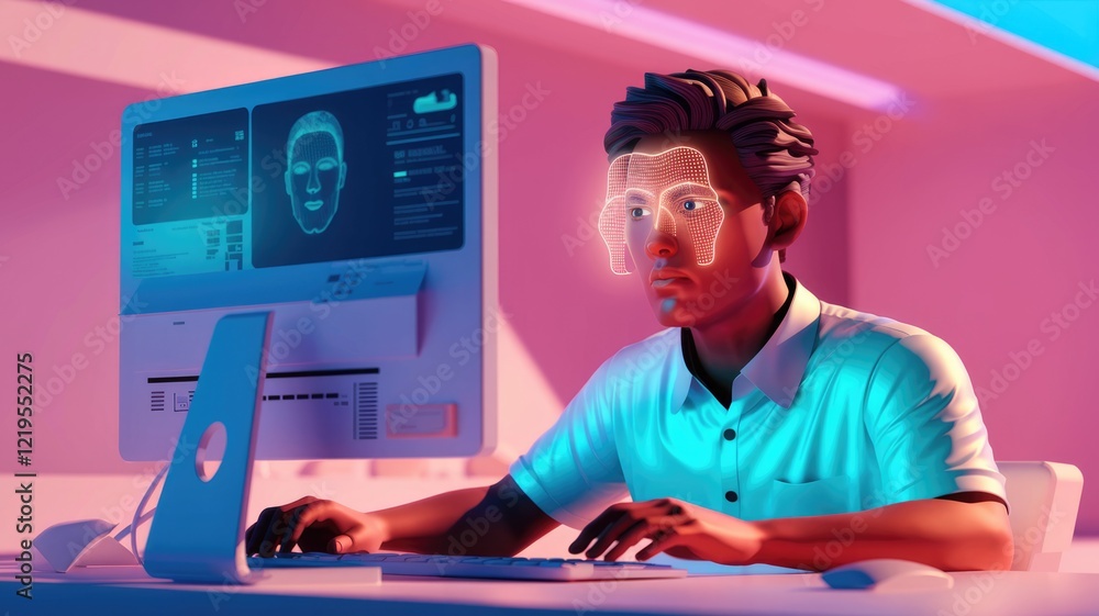 Poster person using facial recognition software on computer, futuristic technology.