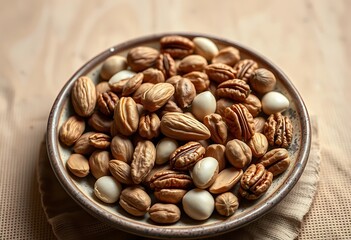 Fototapeta premium Warm-toned Bowl of Mixed Nuts: Almonds, Pecans, and More
