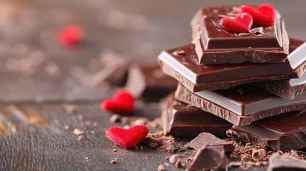 A visually appealing stack of rich chocolate bars paired with vibrant red hearts, symbolizing love and indulgence in a picturesque display for snack lovers.