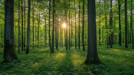 Fototapeta premium Sunlit Forest: A Tranquil Scene of Nature's Majesty