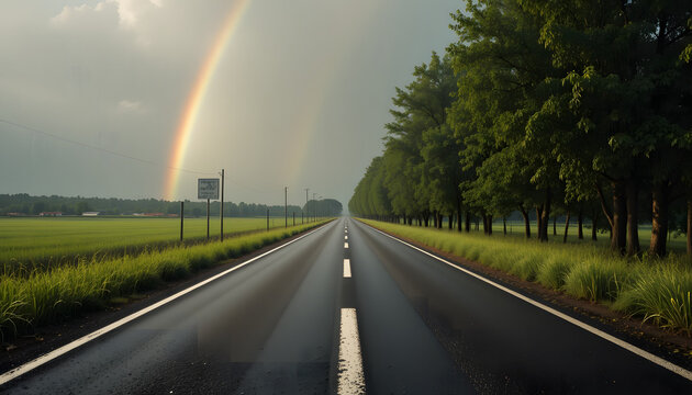Empty road leading to distant horizon with double rainbow and green trees, tranquil atmosphere