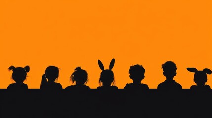 A playful group of people wearing bunny ears and tails, celebrating Easter joyfully in silhouette against a colorful backdrop.