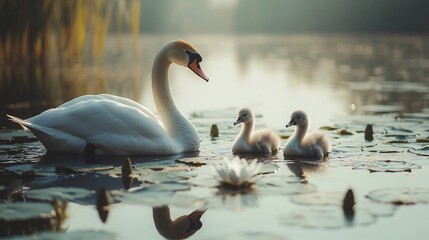 Swan Family Paddling Through Lily Pad Pond
