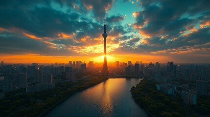 Obraz premium Aerial view of television tower in urban landscape with cloudy sky