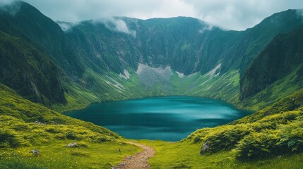 Crater lake with green slopes.
