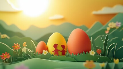 A paper cut of a person and a dog enjoys a peaceful moment in a vibrant field, celebrating the joy of companionship and nature.