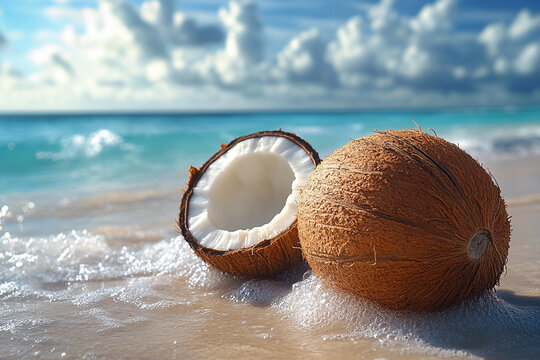 Tropical Coconuts Resting on a Sunny Beach