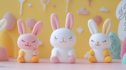 Fototapeta premium Three small stuffed animals sit in a row, perfect for celebrating the joy of Easter with cute decorations.