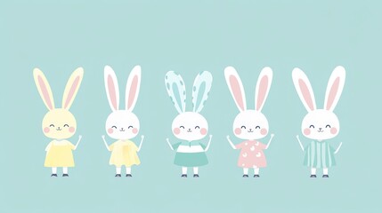 Fototapeta premium Four cute rabbits stand in a row, celebrating the joy of Easter with their playful presence.