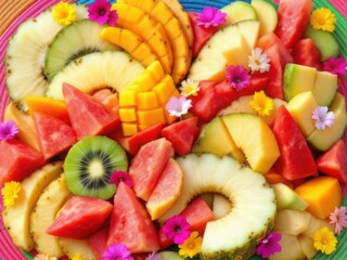Vibrant Tropical Fruit Platter with Exotic Flowers