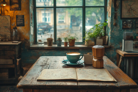 A Cappuccino and Notebook on Rustic Wooden Table Near Window
