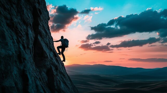 Rock climber scaling a cliff at sunset, silhouette against dramatic sky, adventure, determination, extreme sports, and mountain challenge, Generative AI