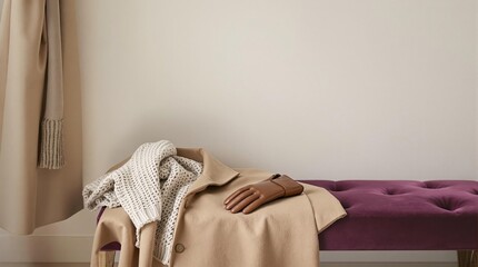 Elegant beige coat with knit scarf and brown leather gloves on stylish purple bench