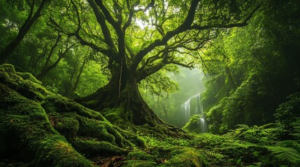 Fototapeta premium Enchanted Forest Waterfall: A Mystical Green Oasis