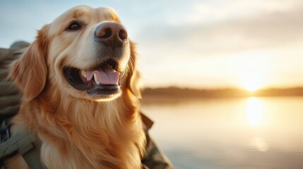 A cheerful golden retriever sitting by the water during sunrise, symbolizing joy and relaxation in nature, highlighting the bond between pets and their environment.