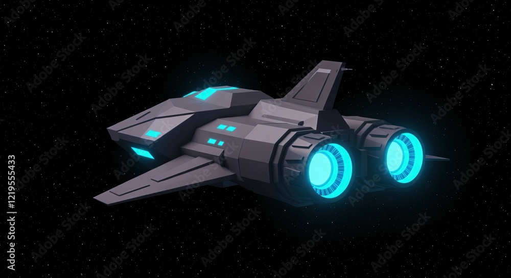 Poster futuristic spaceship with glowing engines in starry space background