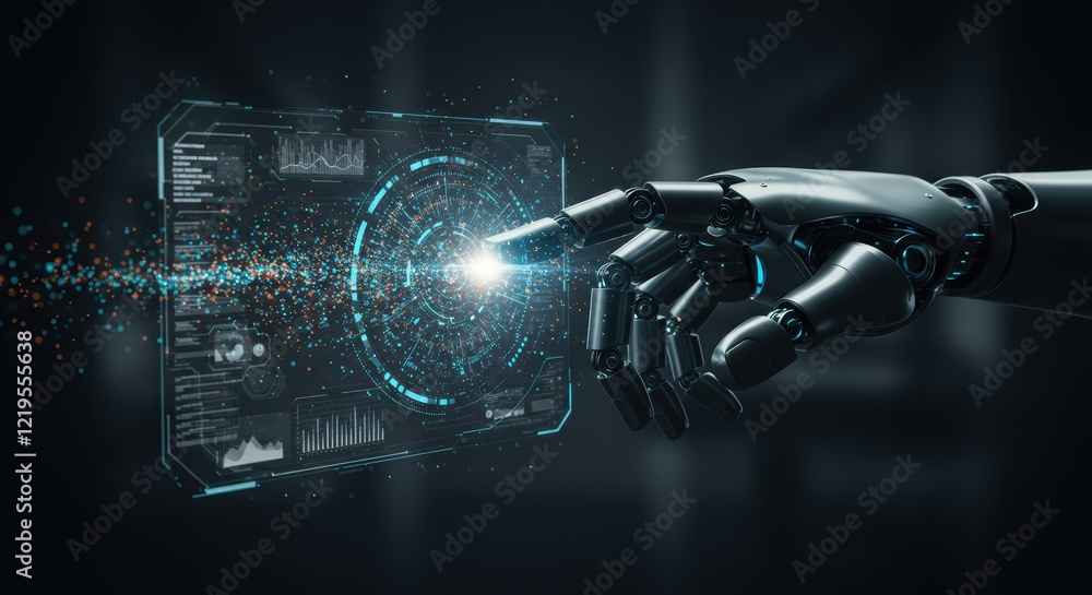 Poster futuristic robot hand interacting with digital interface in a high-tech environment