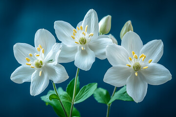 Three Delicate White Flowers Against a Dark Blue Background
