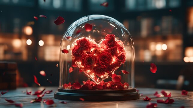 A glass dome encases a heart-shaped arrangement of glowing roses, symbolizing love and emotion, perfect for romantic occasions or heartfelt gifts.