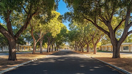Naklejka premium Sunlit Tree-Lined Avenue: A Serene Campus Path