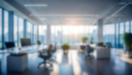 Blurred modern spacious office with beautiful lighting and big panoramic windows 