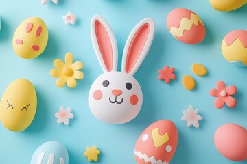 Colorful Easter eggs with bunny ears are displayed on a bright blue background, celebrating the festive spirit of the holiday.