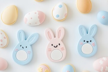 A vibrant table display featuring an assortment of beautifully decorated Easter cookies.