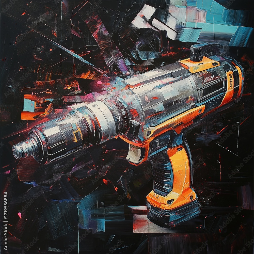 Aufkleber futuristic high-tech drill with cyberpunk aesthetics, showcasing mechanical precision, industrial in