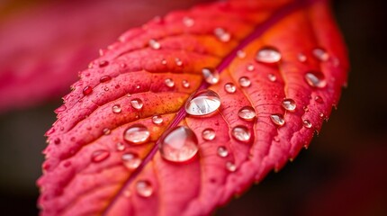 Red Leaf with Water Droplets in Macro Photography
