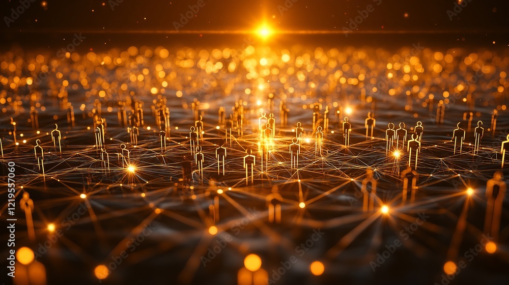 Aufkleber Abstract golden digital network visualization representing social connections, artificial intelligence, and global online interactions in a futuristic cyberspace concept, Generative AI