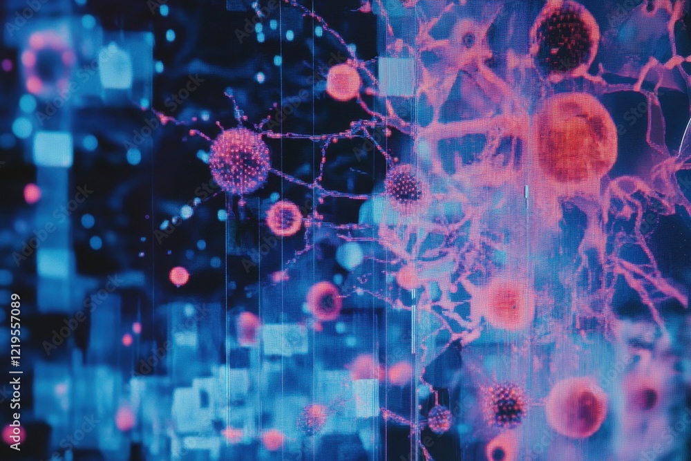 Poster exciting visualization of cells and neurons merging with digital patterns in vibrant colors