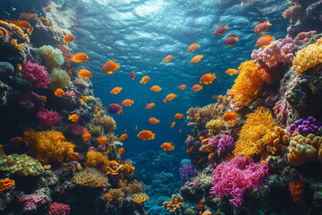Obraz premium Vibrant Coral Reef Scene With Orange Fish Swimming