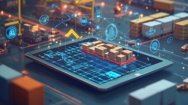 A digital display on a tablet captures a supply chain overview with animated arrows and icons symbolizing the journey from raw materials to finished products all set against a sleek