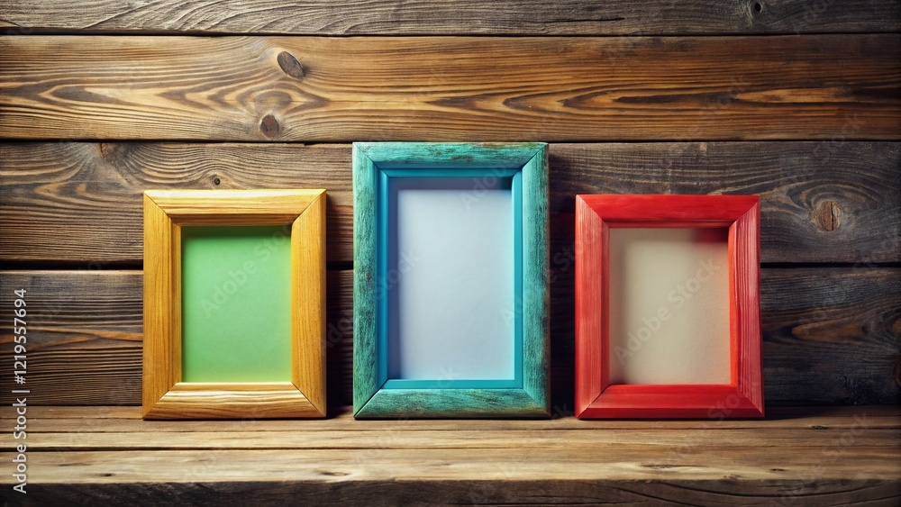 Poster three empty picture frames on rustic wood shelf - mockup for display