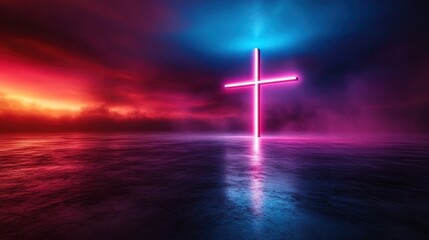 Naklejka premium A stunning neon cross stands tall in a vibrant landscape, illuminating the scene with a mix of colors that evoke feelings of hope and spirituality against a dramatic backdrop.