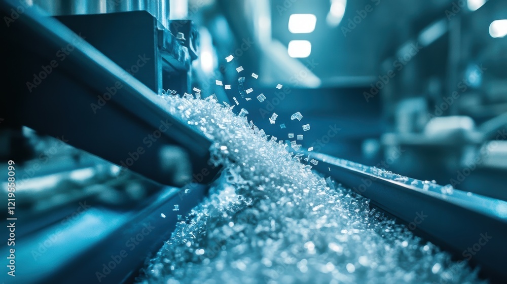 Poster an image of ecofriendly biodegradable materials being extruded from a machine emphasizing advances i