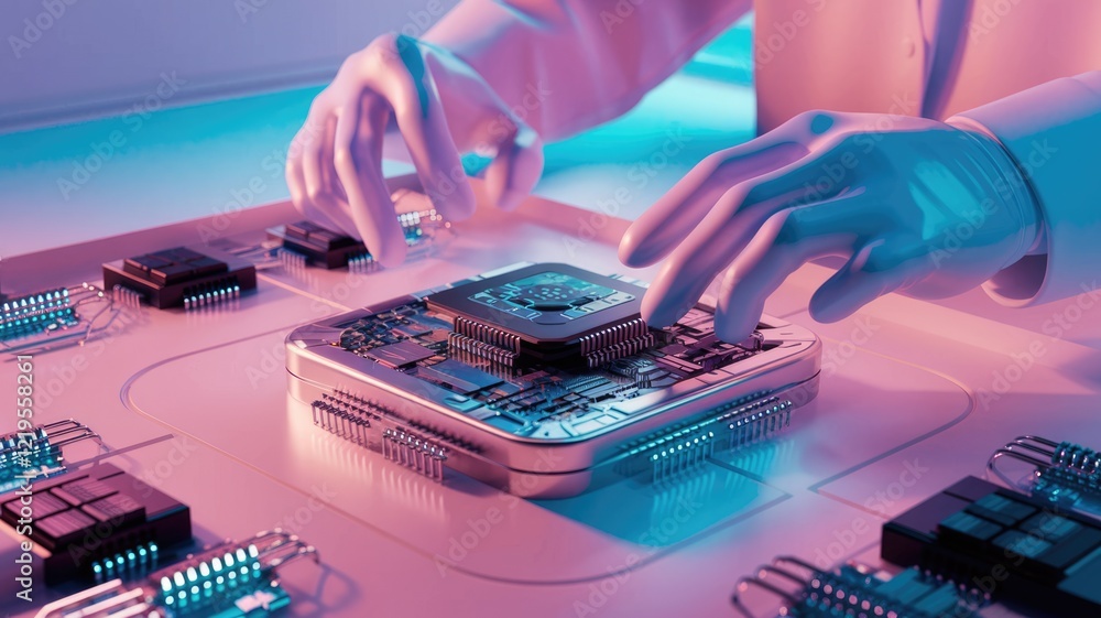 Poster Robotic hands delicately install a microchip onto a circuit board, showcasing advanced technology.